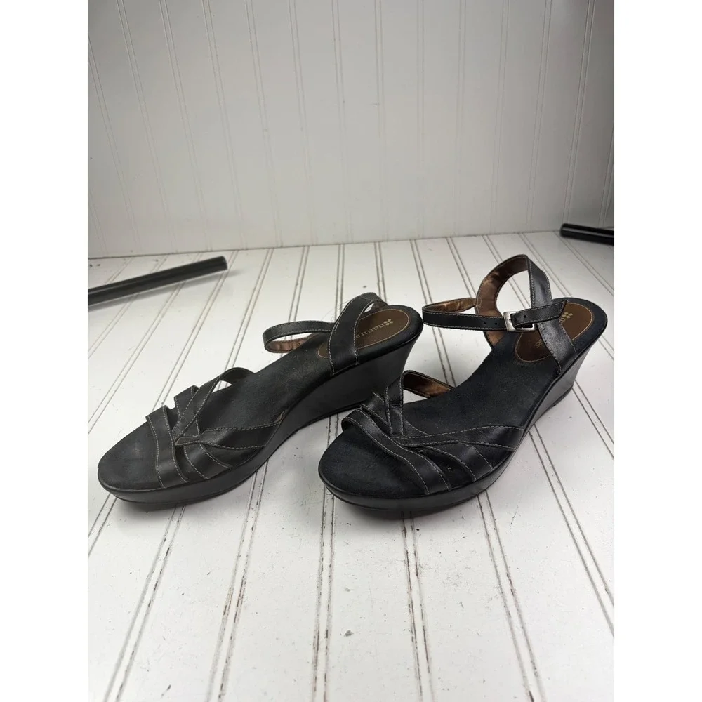 Naturalizer Black Leather Platform Slingback Wedge Sandals Women's Size 9